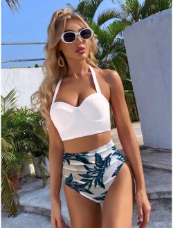 Tropical Push Up Halter Bikini Swimsuit