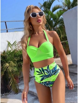 Tropical Push Up Halter Bikini Swimsuit