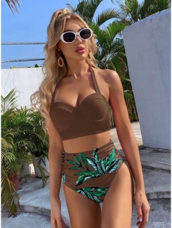 Tropical Push Up Halter Bikini Swimsuit