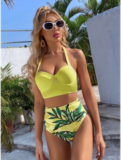 Tropical Push Up Halter Bikini Swimsuit