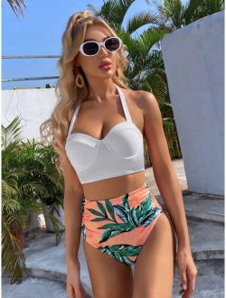 Tropical Push Up Halter Bikini Swimsuit