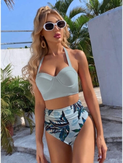 Tropical Push Up Halter Bikini Swimsuit