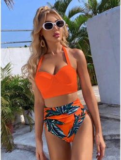 Tropical Push Up Halter Bikini Swimsuit