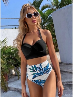 Tropical Push Up Halter Bikini Swimsuit