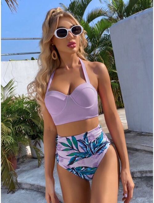 Shein Tropical Push Up Halter Bikini Swimsuit