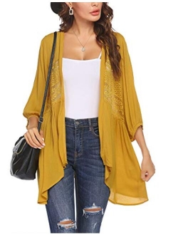 Womens Cardigan Open Front 3/4 Sleeve Lace Lightweight Beach Summer Cover Up Tops