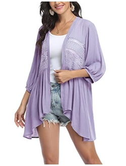 Womens Cardigan Open Front 3/4 Sleeve Lace Lightweight Beach Summer Cover Up Tops