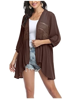 Womens Cardigan Open Front 3/4 Sleeve Lace Lightweight Beach Summer Cover Up Tops