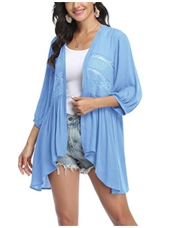 Womens Cardigan Open Front 3/4 Sleeve Lace Lightweight Beach Summer Cover Up Tops