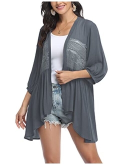 Womens Cardigan Open Front 3/4 Sleeve Lace Lightweight Beach Summer Cover Up Tops