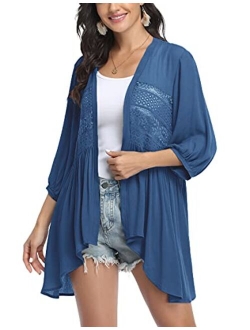 Womens Cardigan Open Front 3/4 Sleeve Lace Lightweight Beach Summer Cover Up Tops