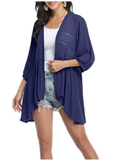 Womens Cardigan Open Front 3/4 Sleeve Lace Lightweight Beach Summer Cover Up Tops