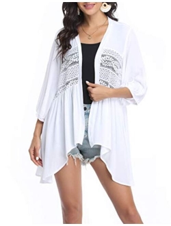 Womens Cardigan Open Front 3/4 Sleeve Lace Lightweight Beach Summer Cover Up Tops