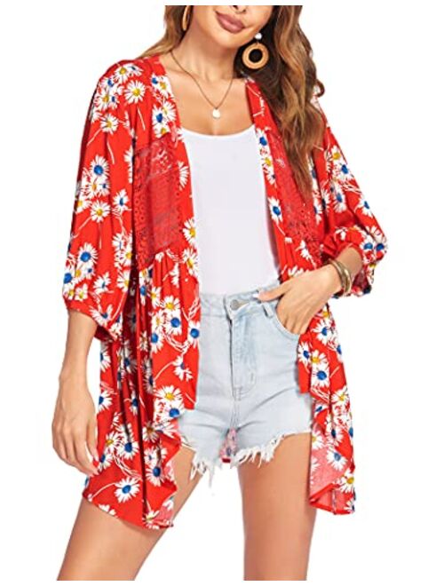 Hotouch Womens Cardigan Open Front 3/4 Sleeve Lace Lightweight Beach Summer Cover Up Tops