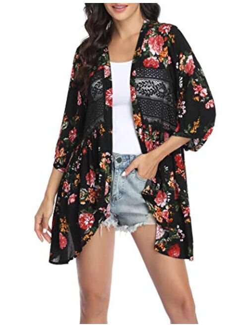 Hotouch Womens Cardigan Open Front 3/4 Sleeve Lace Lightweight Beach Summer Cover Up Tops