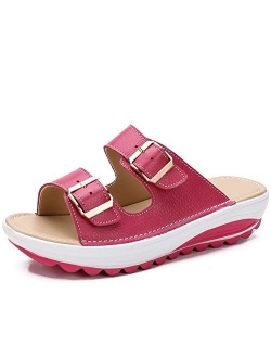 Womens Comfy Platform Low Wedge Heel Buckle Slide Sandals