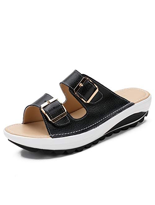 Womens Comfy Platform Low Wedge Heel Buckle Slide Sandals