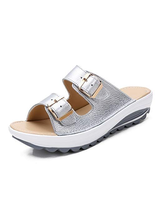 Womens Comfy Platform Low Wedge Heel Buckle Slide Sandals