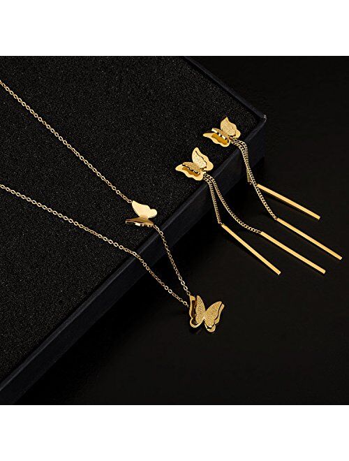 Stainless Steel Butterfly Necklace Earrings Set for Women 14K Gold Plated Hypoallergenic Jewelry Sets