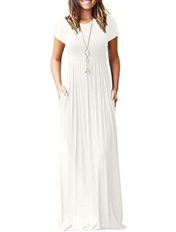 AUSELILY Women Short Sleeve Loose Plain Casual Long Maxi Dresses with Pockets