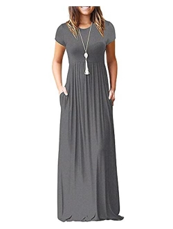 AUSELILY Women Short Sleeve Loose Plain Casual Long Maxi Dresses with Pockets