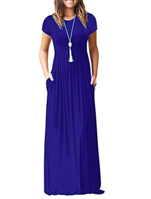 AUSELILY Women Short Sleeve Loose Plain Casual Long Maxi Dresses with Pockets