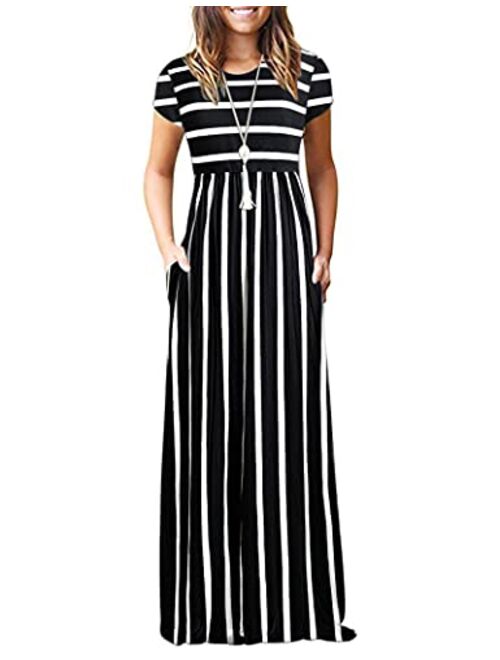 AUSELILY Women Short Sleeve Loose Plain Casual Long Maxi Dresses with Pockets