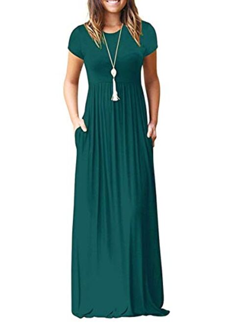 AUSELILY Women Short Sleeve Loose Plain Casual Long Maxi Dresses with Pockets