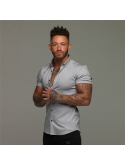 Summer Fashion Short Sleeve Shirt Men Solid Super Slim Fit Male Social Business Dress Shirt Brand Men Gym Fitness Sport Clothing