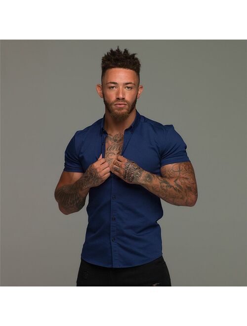 Summer Fashion Short Sleeve Shirt Men Solid Super Slim Fit Male Social Business Dress Shirt Brand Men Gym Fitness Sport Clothing