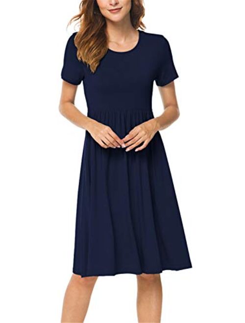 DB MOON Women Summer Casual Short Sleeve Dresses Empire Waist Dress with Pockets