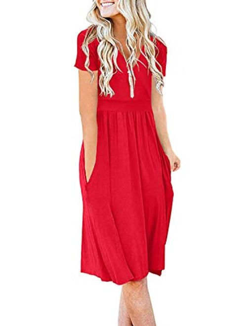 DB MOON Women Summer Casual Short Sleeve Dresses Empire Waist Dress with Pockets