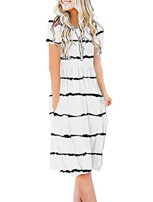 DB MOON Women Summer Casual Short Sleeve Dresses Empire Waist Dress with Pockets