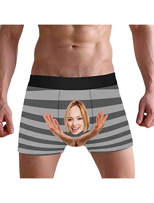 Custom Face Boxers Briefs for Men Boyfriend, Customized Underwear with Picture Holding Face All Gray Stripe