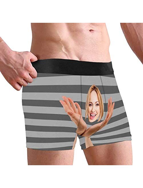 Custom Face Boxers Briefs for Men Boyfriend, Customized Underwear with Picture Holding Face All Gray Stripe