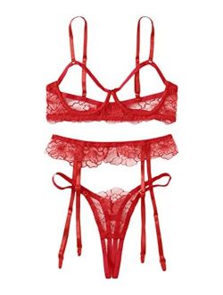 Women's Lace Lingerie Set with Garter Belted Cutout Underwire Bra and Panty Nightwear