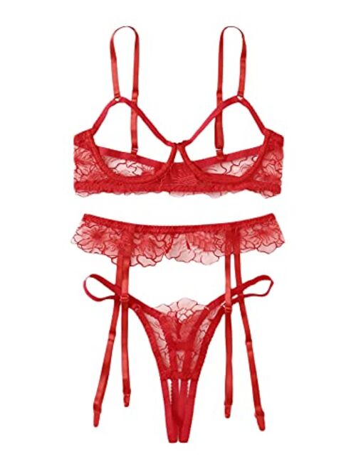 Buy Romwe Women's Lace Lingerie Set with Garter Belted Cutout Underwire ...