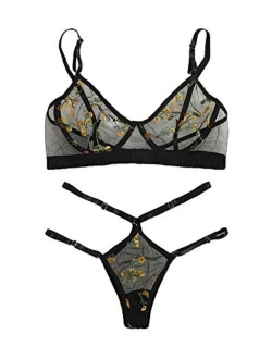 WoWomen's Plus Size Embroidered Floral Ladder Cut Lace Mesh Bra and Panty Lingerie Set