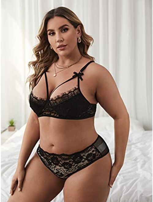 Romwe Women's Plus Size 2 Piece Lingerei Mesh Sheer Harness Bra and Panty Lingerie Set