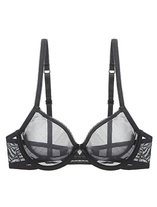 Buy YANDW Sexy Sheer See Through Bras Unlined Underwire Lace Mesh Non ...