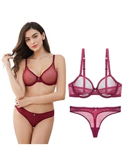 Women See Through Mesh Bra and Thong Set Transparent Sexy Underwear…