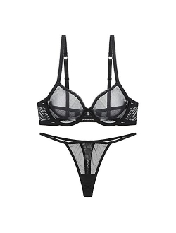 Women See Through Mesh Bra and Thong Set Transparent Sexy Underwear…