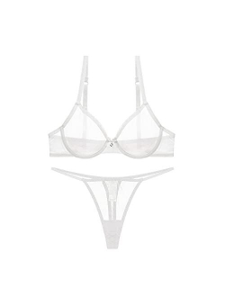 Women See Through Mesh Bra and Thong Set Transparent Sexy Underwear…