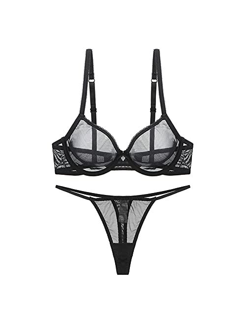 Women See Through Mesh Bra and Thong Set Transparent Sexy Underwear…