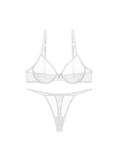 Women See Through Mesh Bra and Thong Set Transparent Sexy Underwear…