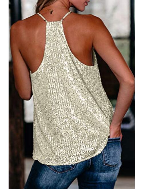 Shawhuwa Women's Fashion V Neck Sequin Strappy Flowy Tank Tops Sexy Sleeveless Racerback Cami Shirts