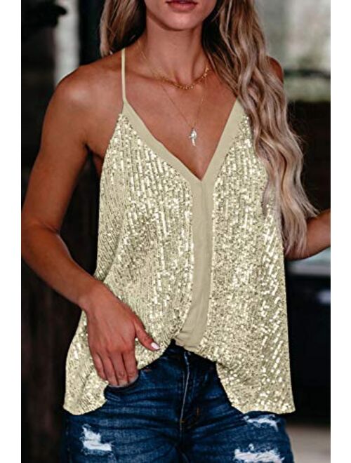 Shawhuwa Women's Fashion V Neck Sequin Strappy Flowy Tank Tops Sexy Sleeveless Racerback Cami Shirts