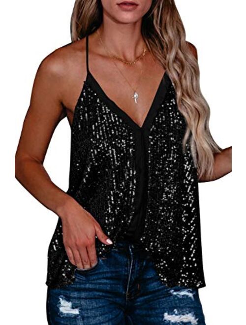 Shawhuwa Women's Fashion V Neck Sequin Strappy Flowy Tank Tops Sexy Sleeveless Racerback Cami Shirts