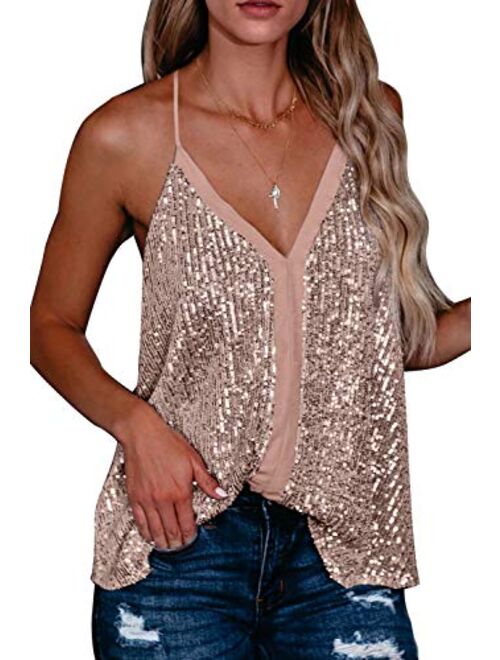 Shawhuwa Women's Fashion V Neck Sequin Strappy Flowy Tank Tops Sexy Sleeveless Racerback Cami Shirts