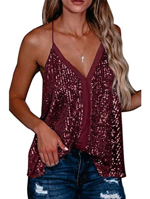 Shawhuwa Women's Fashion V Neck Sequin Strappy Flowy Tank Tops Sexy Sleeveless Racerback Cami Shirts